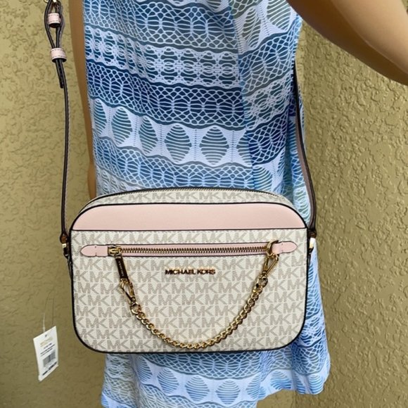 Michael Kors Jet Set Item Large East West Zip Chain Crossbody Powder Blush Multi - Picture 13 of 16